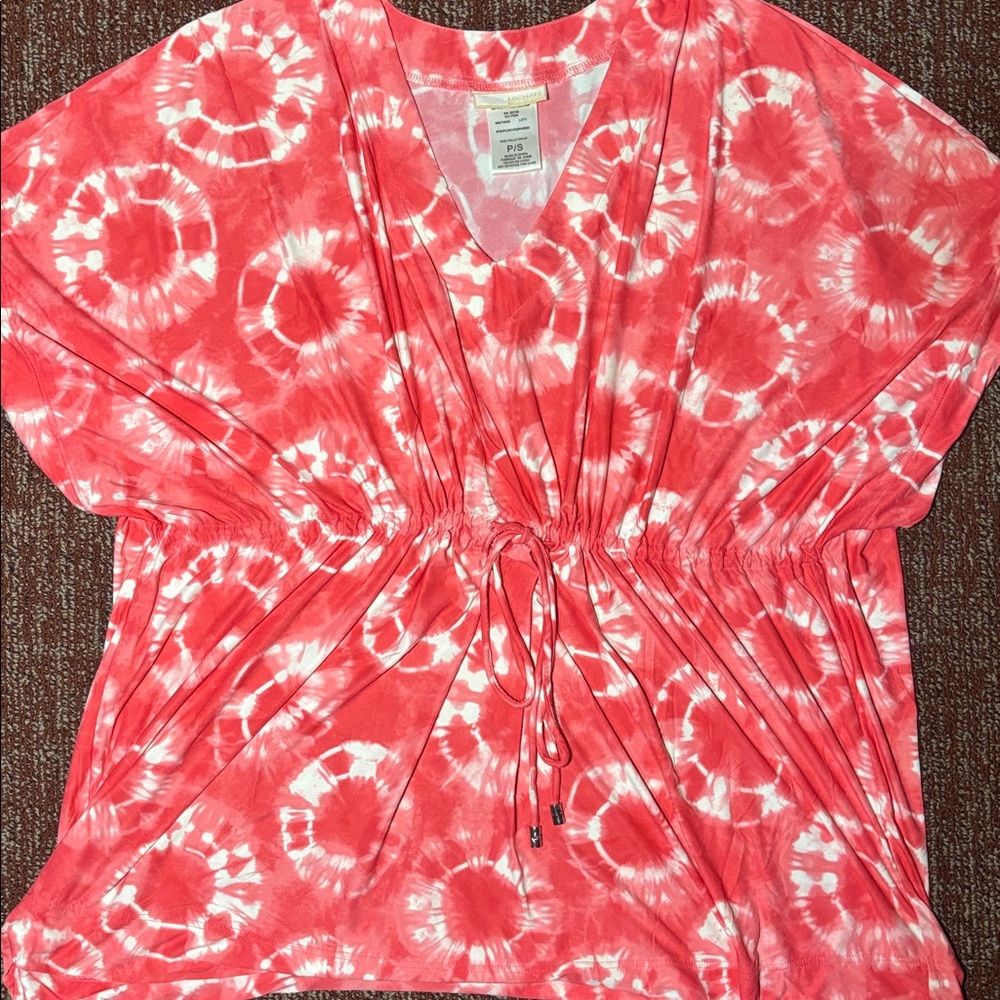 Michael Kors coral Tie-Dye cinch waist top coverup oversized v neck loose fit PS